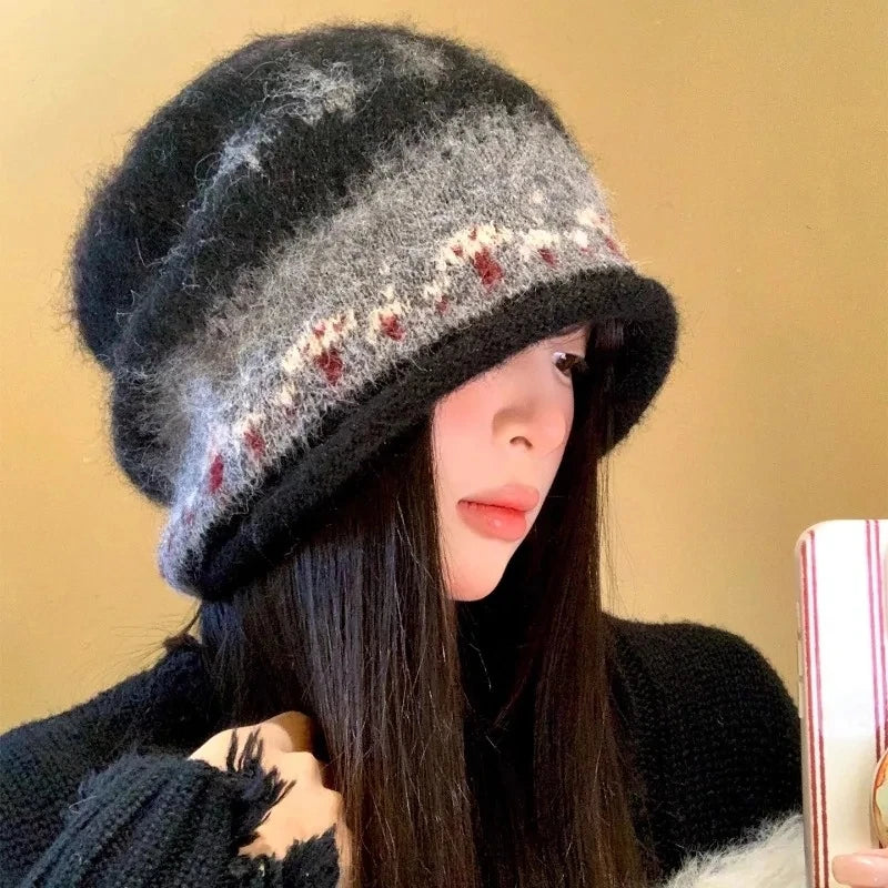 Korean Cute Mushroom Jacquard Knitted Beanies for Women Autumn Winter Warm Versatile Show Face Small Atmosphere Pullover Hat