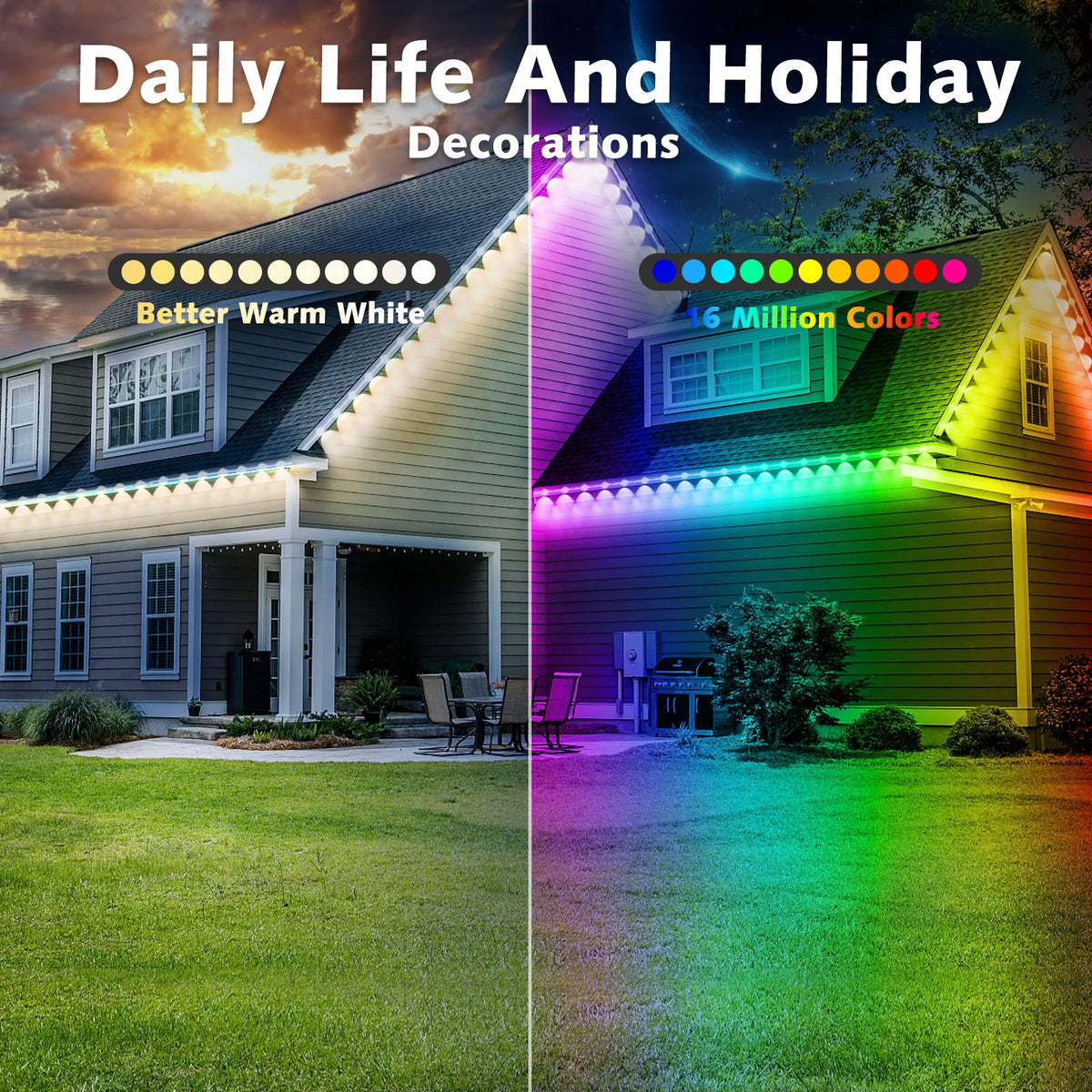 Permanent Outdoor LED Lights 200FT RGB IP67 Waterproof Eaves