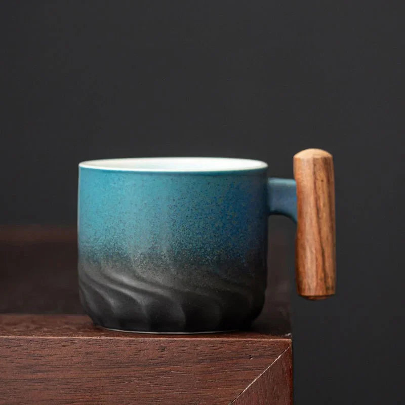 Blue Ceramic Coffee Mug Retro Wooden Handle Filter Tea Mug Office Water Cup Solid Color Gradient Glaze Coffee Cup TeaCup