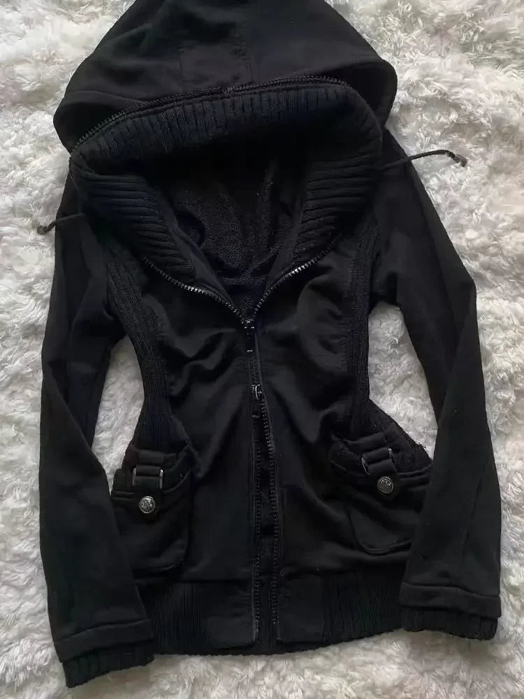New Gothic Pattern Sweatshirt Hoodie Versatile Fashion Cardigan Casual Hoodie Women Solid Color Pleated Slim Top Winter Retro