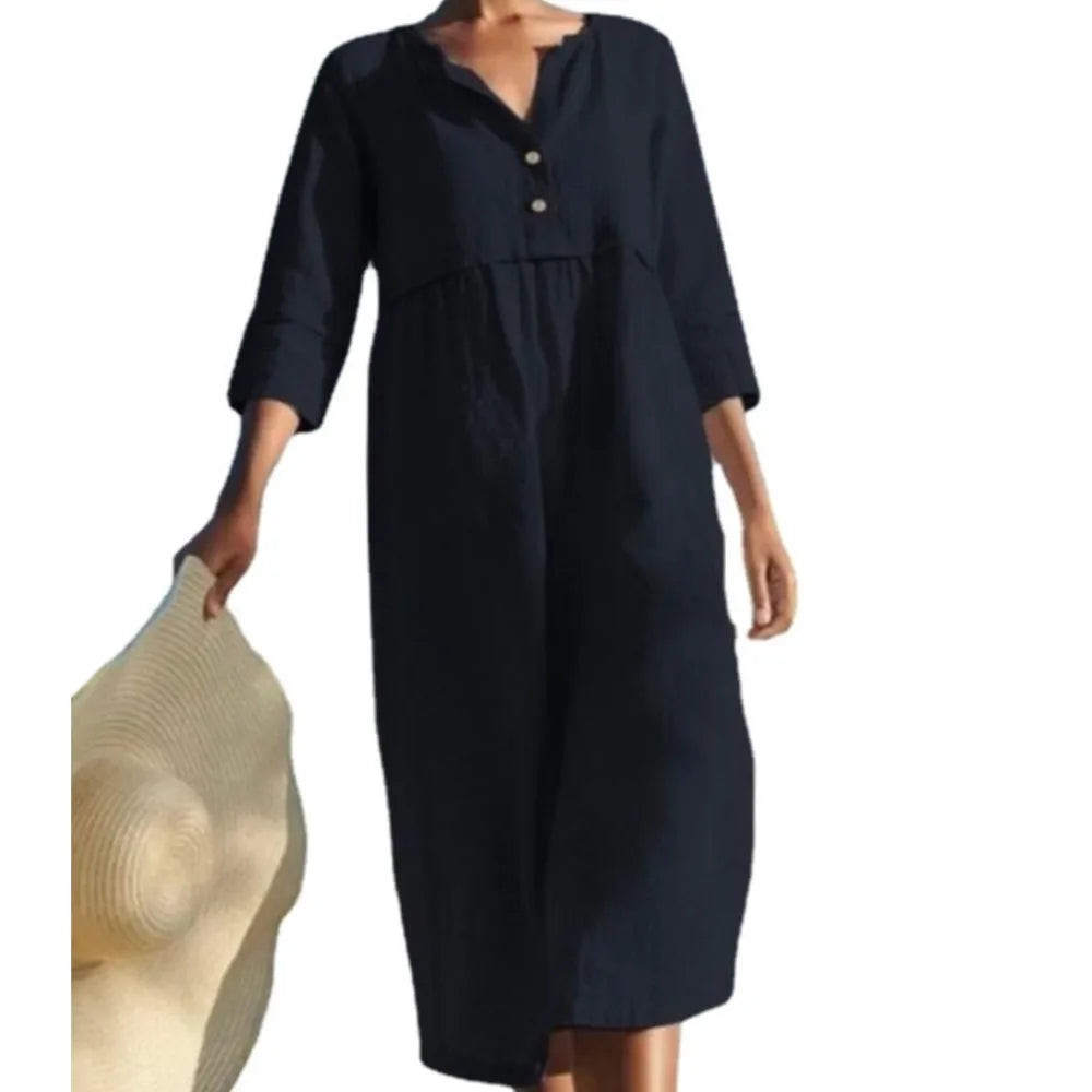 Cotton Linen Dress For Spring Summer Women's New Casual Cotton Round Neck Button Pocket Mid Sleeve Solid Color Dress
