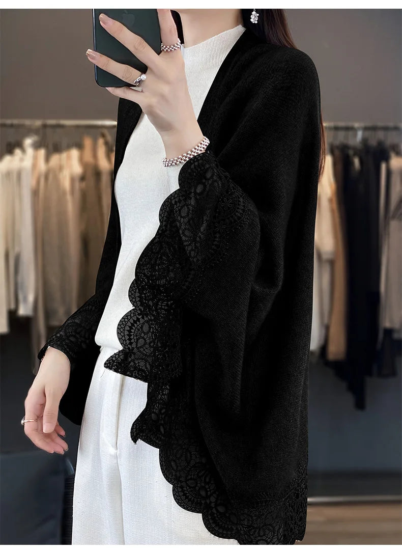 Popular Lace Edge 100% Wool Knitted Shawl Spring Autumn Thin Women's Soft, Skin friendly, Breathable, and Fashionable Cardigan