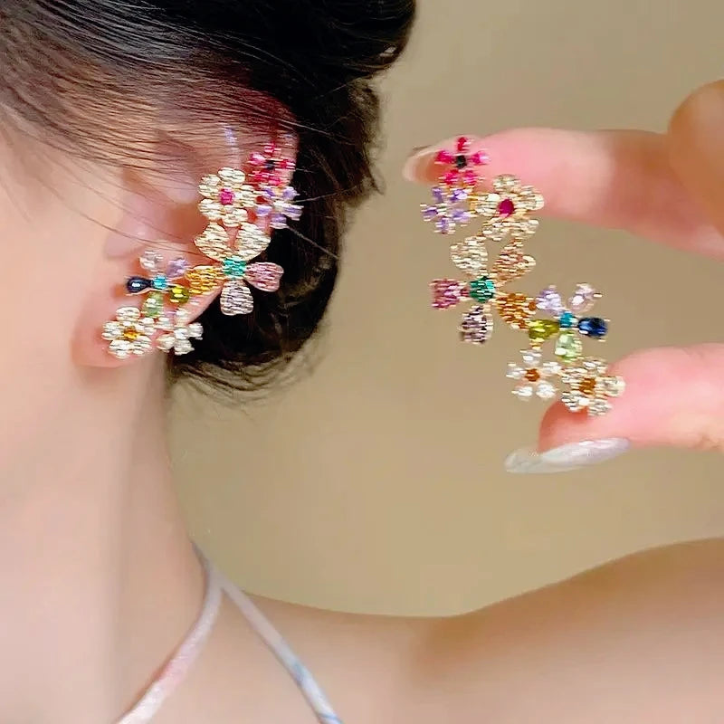 Romantic Colorful Zircon Flower Earrings For Women Girls Fashion Sweet Waterdrop Flower Earrings Exquisite Party Jewelry Gifts