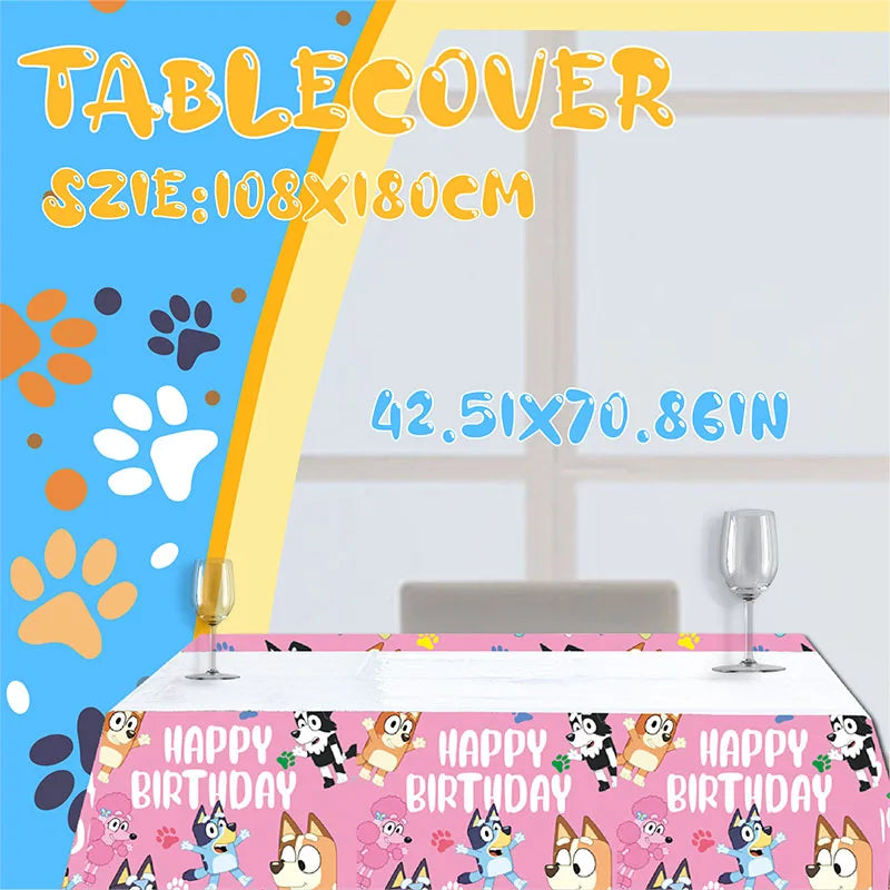 Bluey Pink Themed Cartoon Tablecloth  Bingo Dog Birthday Anime Celebration for Baby Shower Party Supplies Decoration Accessories