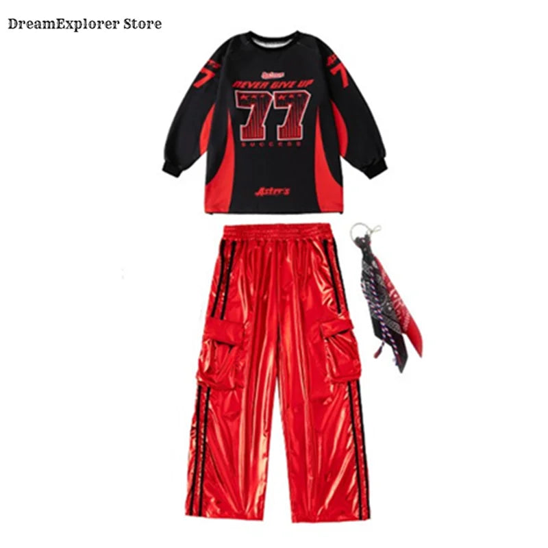 Boys Hip Hop Sweatshirt Shiny Vest Street Dance Cargo Pants Girls K-pop Clothes Set Kids Jazz Red Costumes Children Streetwear
