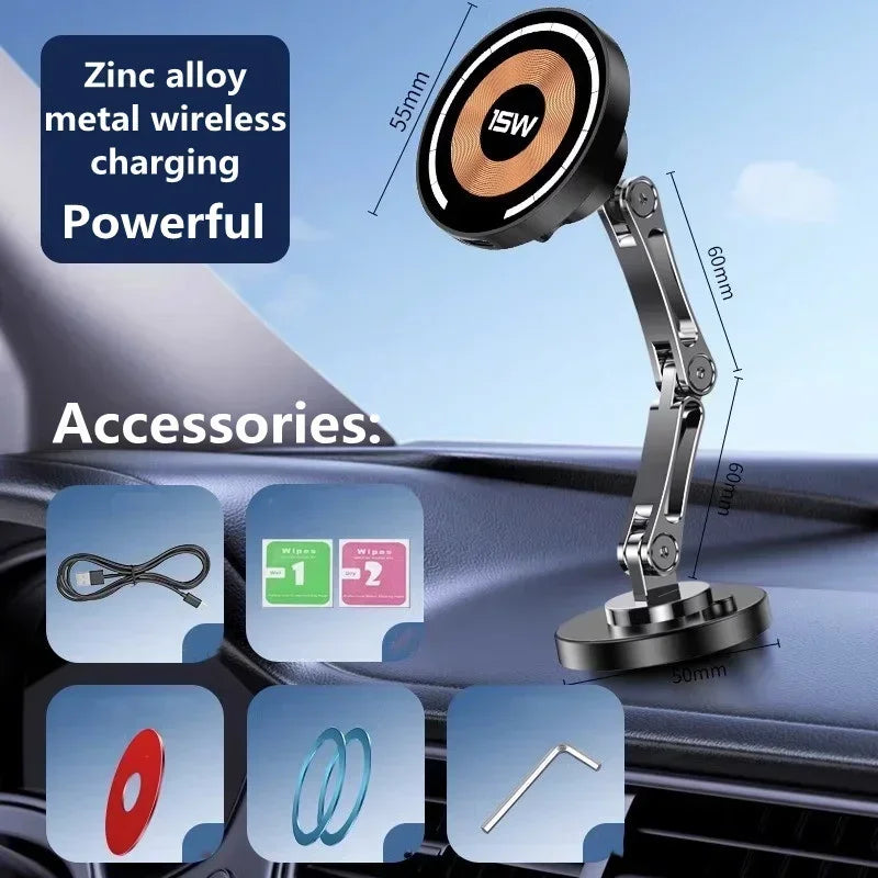 Car Magnetic Wireless Charger Adjustable Mobile Phone Holder for iPhone 15 14 13 12 Pro Max Fast Charging Easy Paste Mount Stand
