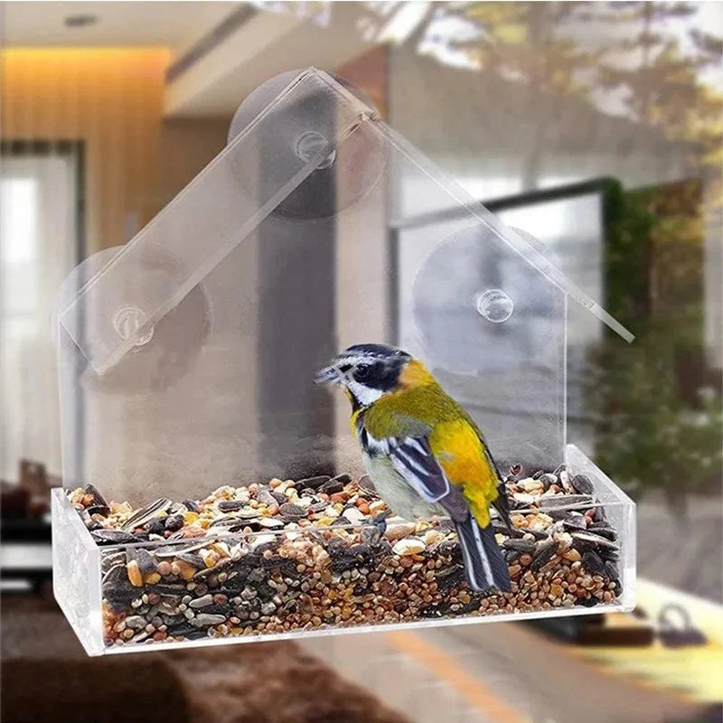 Acrylic Bird Feeder Clear Window Outside Hanging Bird Feeder House with Suction Cup for Garden Outdoor Backyard Wildlife Birding