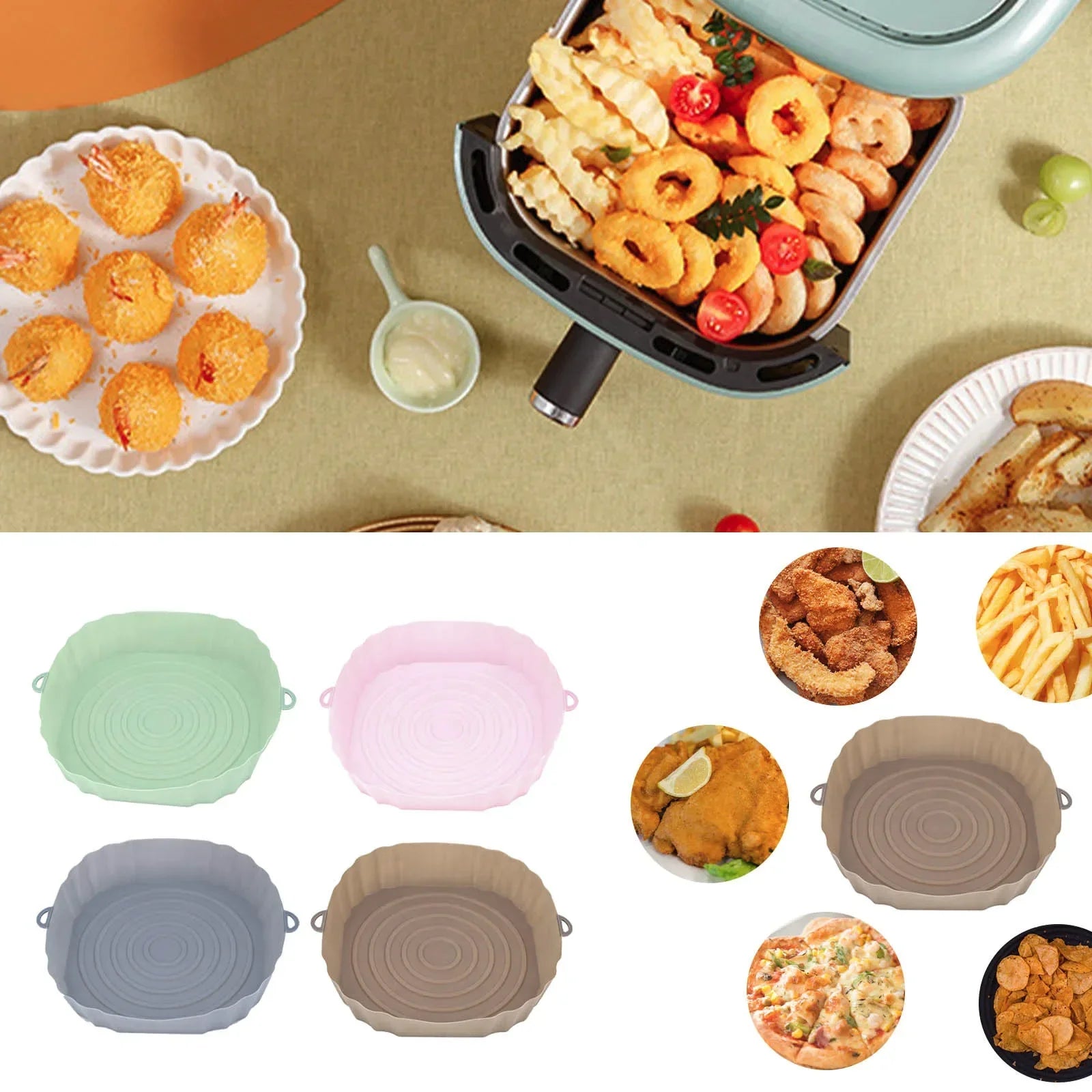 Silicone Basket for Air Fryer Oven Baking Tray Pizza Fried Chicken Silicone Mold Reusable Bakeware Liner Kitchen Accessorie