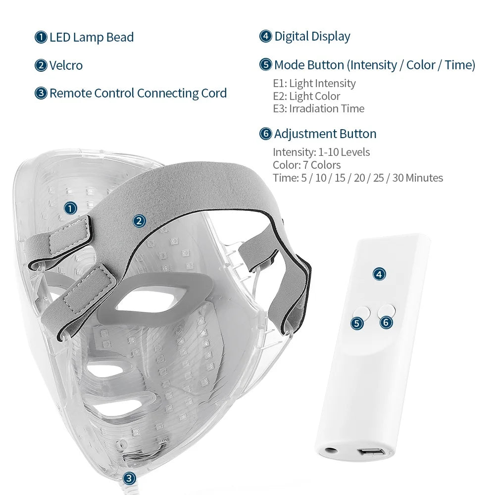 LED Face Mask 7 Colors LED Photon Facial Mask Skin Rejuvenation Face Beauty Mask