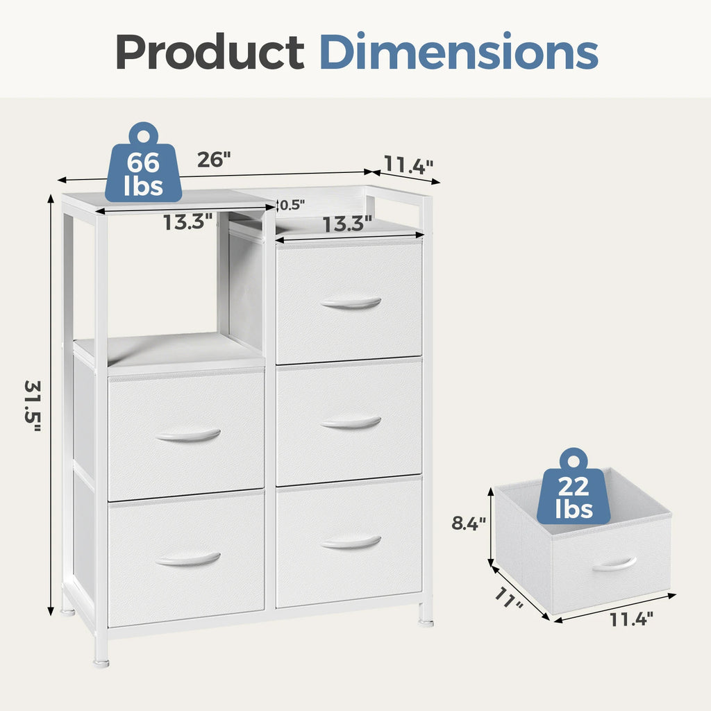 JHK 5 Fabric Drawer Chest with Raised Shelf Metal