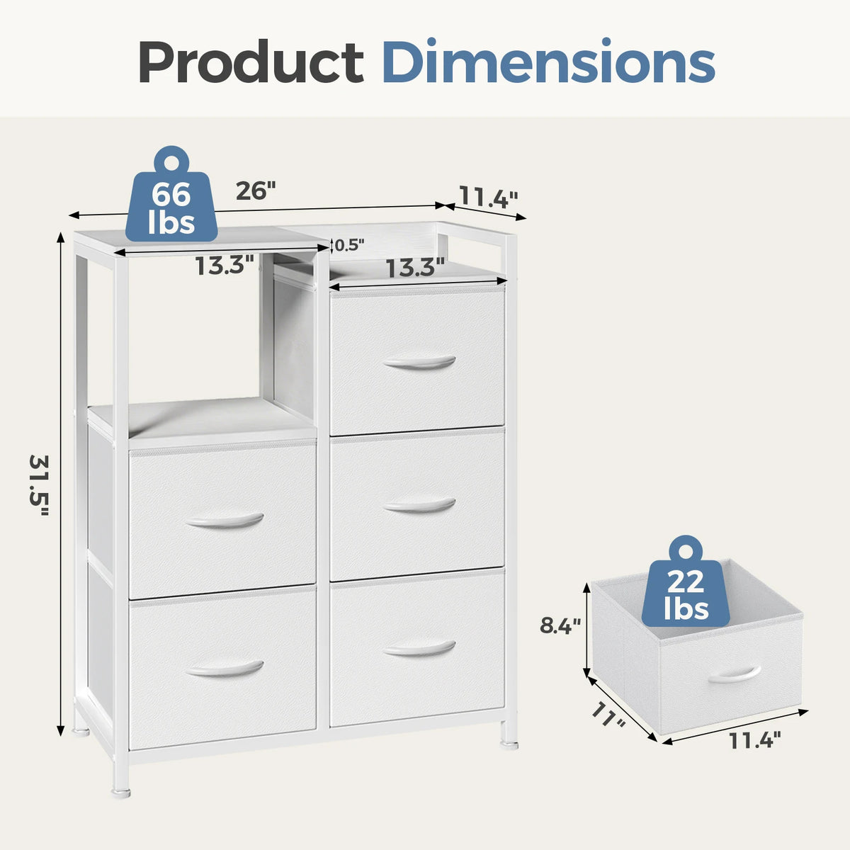 JHK 5 Fabric Drawer Chest with Raised Shelf Metal