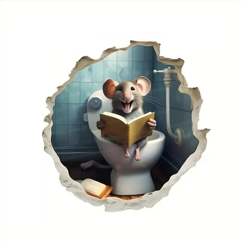 Happily Mouse On Toilet in Mouse Hole Laptop Kids Room Bedroom Wall Sticker Decal Cartoon Home Decor Vinyl Art M797