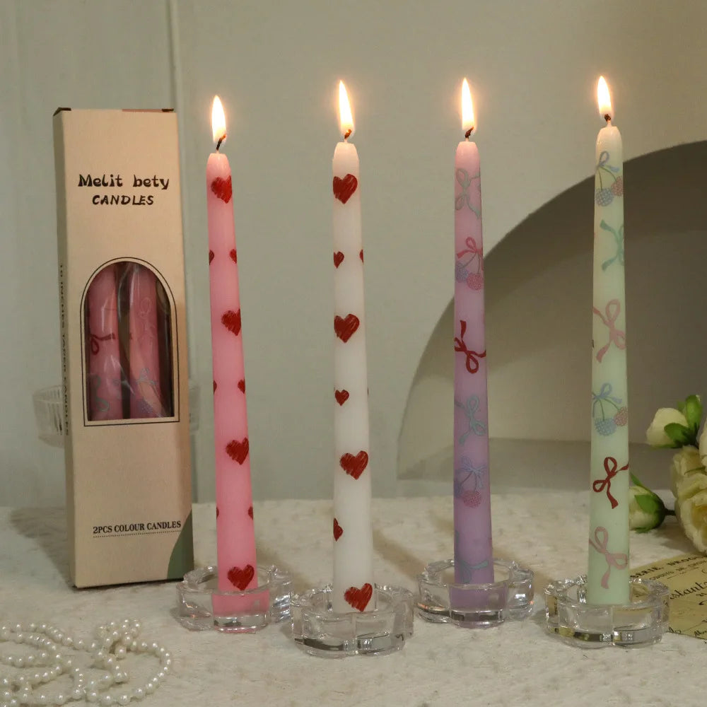 2pcs Colorful Printed Cherry Cone Stick Candles, Smokeless, Romantic, for Weddings, Valentine's Day, Heart-shaped Stick Candles