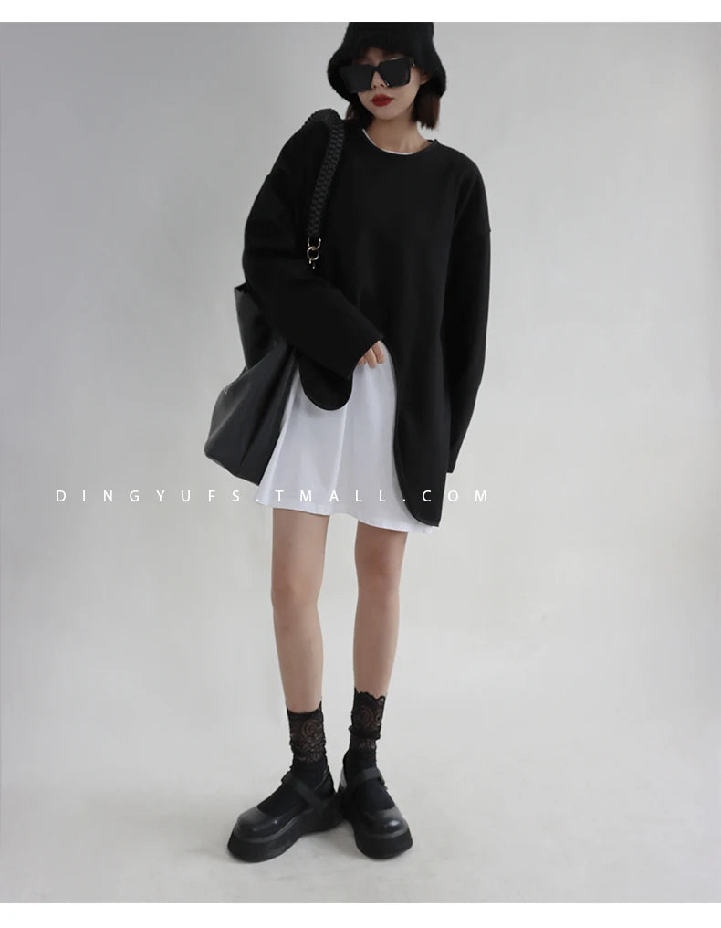 SuperAen Spring Summer 2023 New Sweatshirt Women's New Design Irregular Loose Long Sleeves Round Neck Layered Top