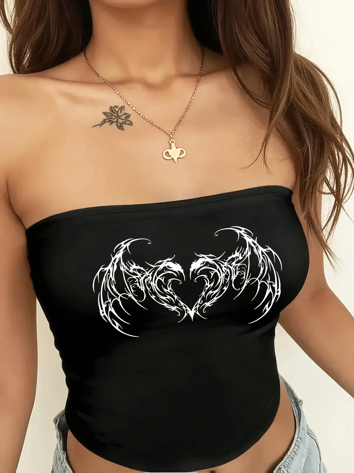 Dark-Style Heart-Wing Print Design Women's Tube Top Y2K