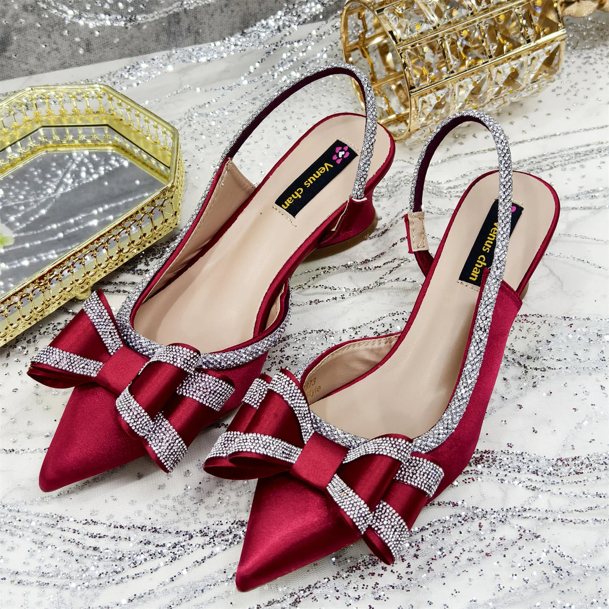 Wine Pointed-Toe Rhinestone Shoes and Bag Set