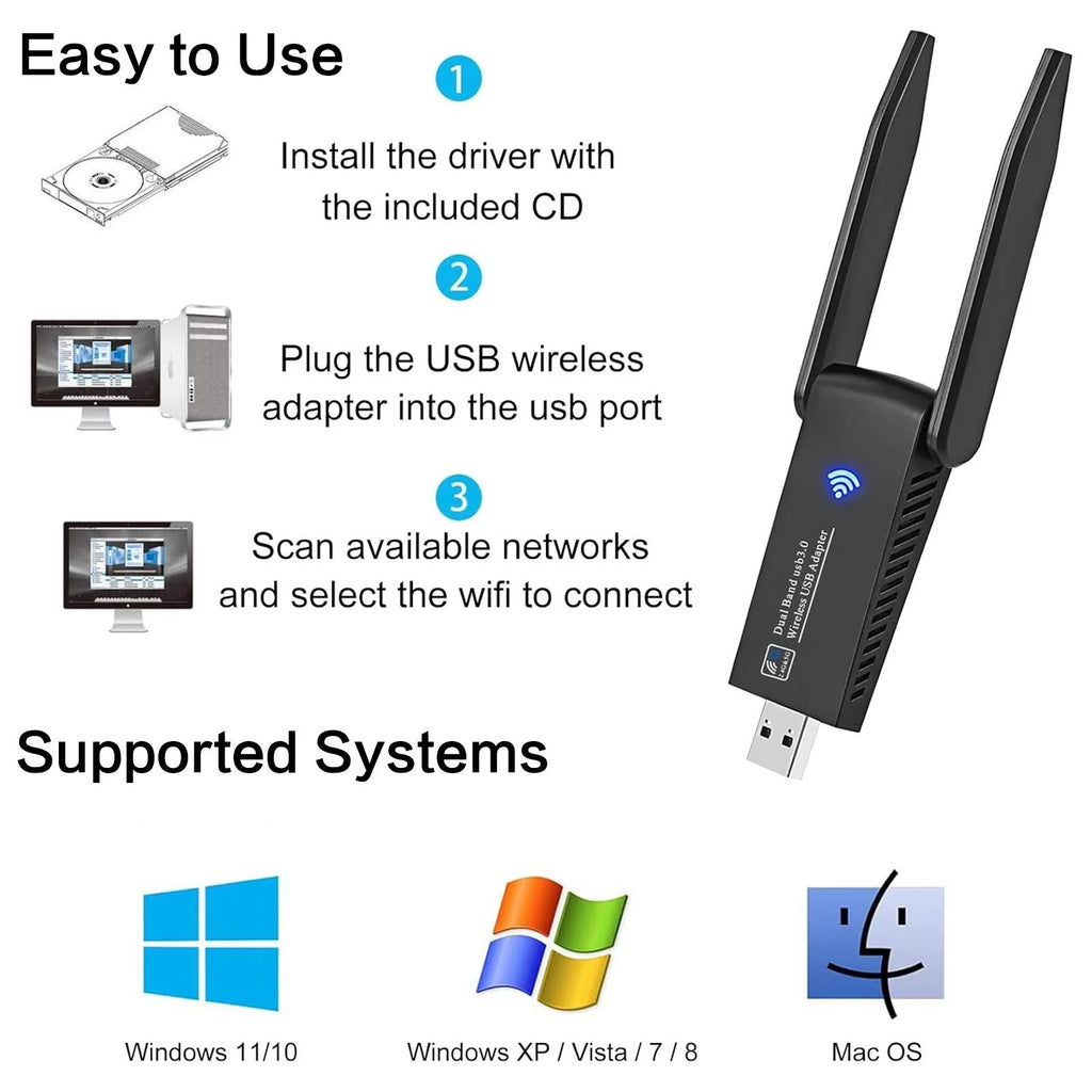 1300Mbps USB 3 0 WiFi Adapter Dual Band 5GHz 2 4GHz High Gain