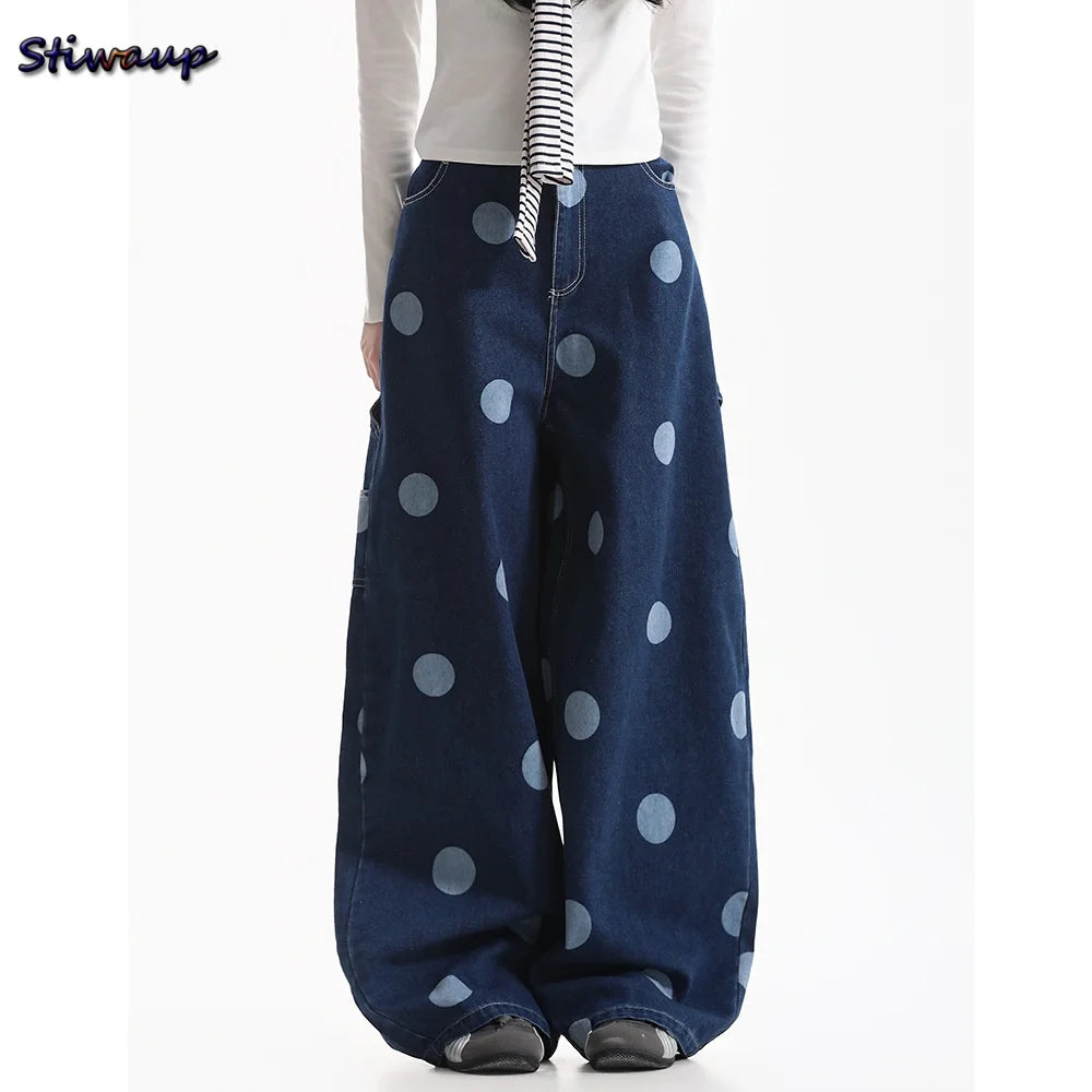 American Vintage Blue Polka Dot Jeans for Women Loose Wide Leg