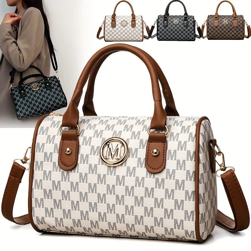 Women Alphabet Shoulder Bag with Golden M Logo Leather