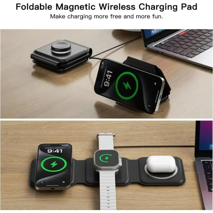 30W Fast Charging Pad Desktop Foldable 3 in 1 Wireless Charger For iPhone 16 15 14 13 12 Pro Max iWatch 10 9 8 7 6 AirPods Pro 2
