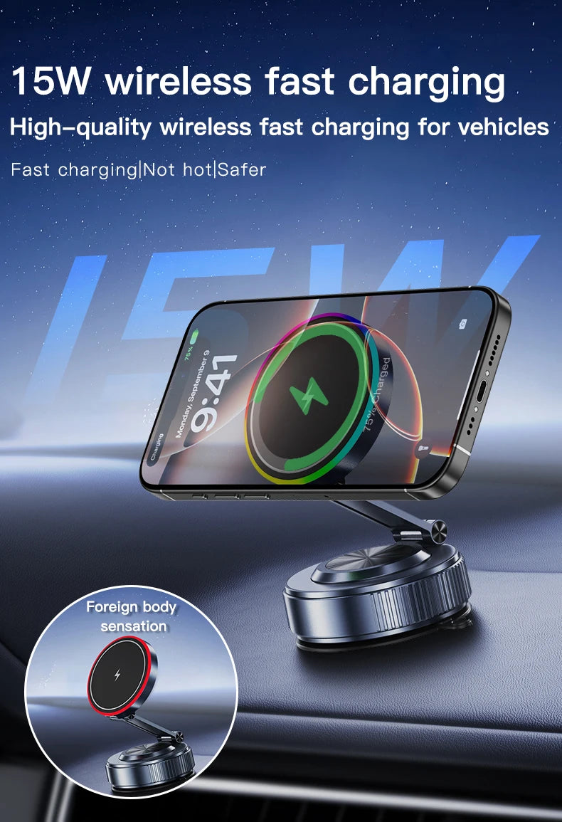 15W Car Magnetic Wireless Charger Vacuum Bracket Phone Holder for Magsafe iPhone 17~12 Pro Max Fast Charging Suction Cup Station