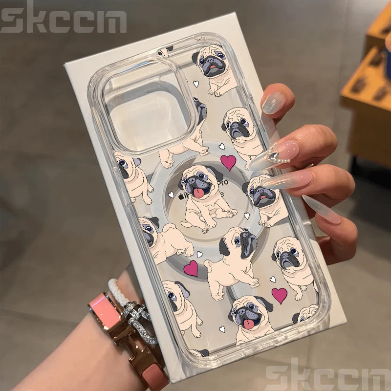 Cute Dachshund Bulldog Pattern Magnetic Phone Case For iPhone 17 16 15 14 13 12 11 Pro Max 16E X XS XR Clear Hard Cover