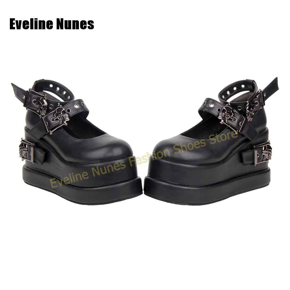 Black Faux Leather Platform Mary Janes Skull Hardware Eyelet