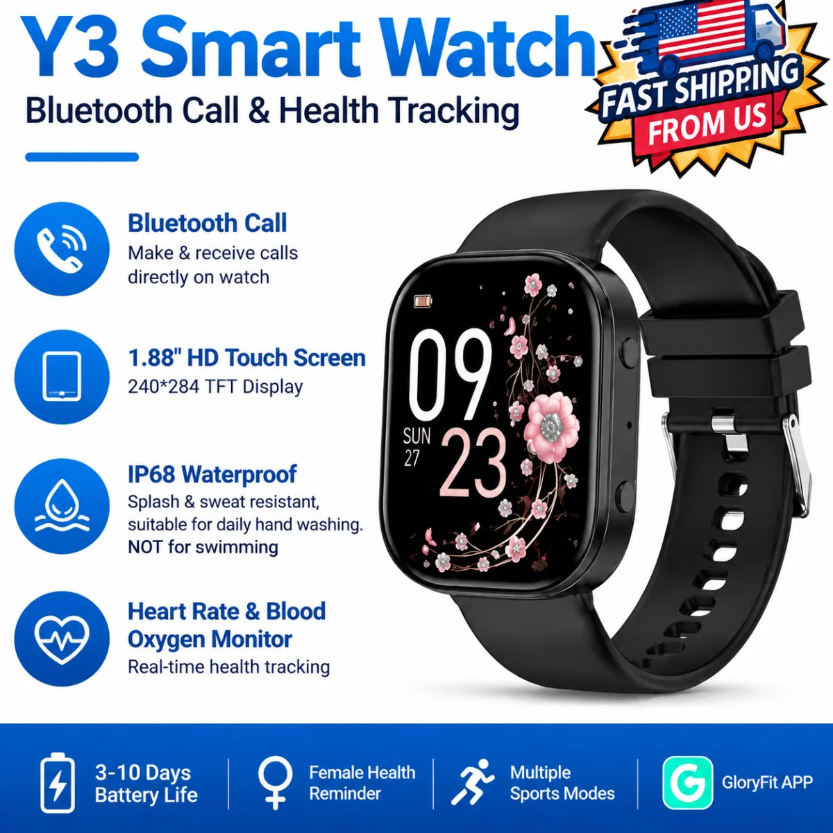 Y2 Smart Watch Bluetooth Call 1.88" TFT Screen IP67