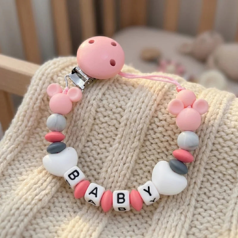 Custom Baby Name Pacifier Holder Blue Heart Silicone Beads