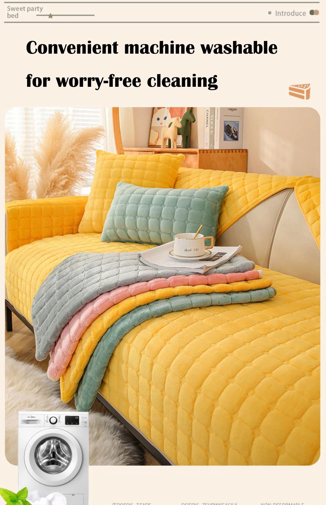 Soft Sofa Cover Thickened Solid Colour Flannel Square Quilted Sofa Cushion Warm Plush Velvet Non-Slip Universal Sofa Backrest