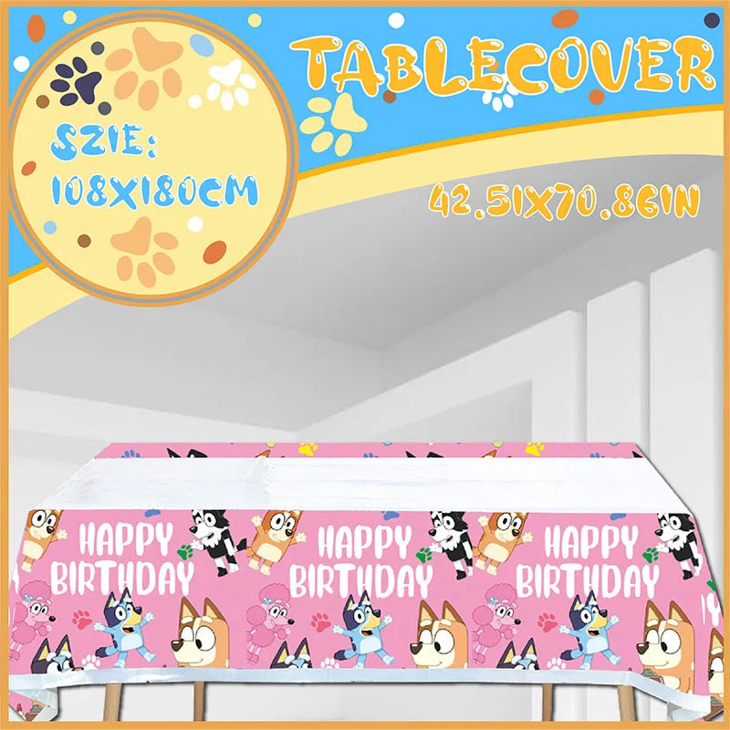 Bluey Pink Themed Cartoon Tablecloth  Bingo Dog Birthday Anime Celebration for Baby Shower Party Supplies Decoration Accessories