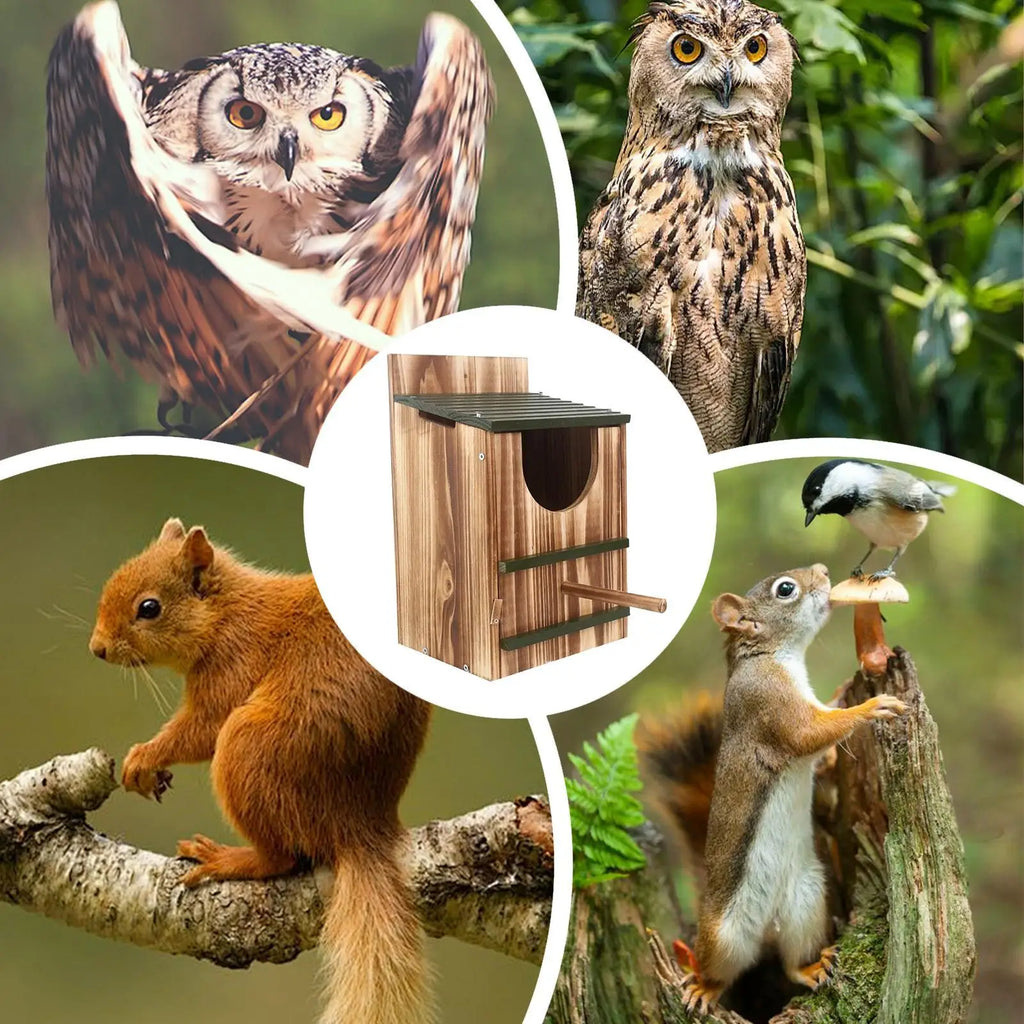 Owl Box Wooden Bird House Waterproof Carbonized Shelter for Garden Outdoor Window Squirrel Pigeon Hummingbird Nesting Home Decor