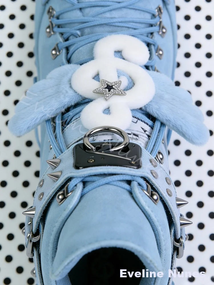 Light Blue Suede Wing Music Note Platform Boots Women Rivet Lace