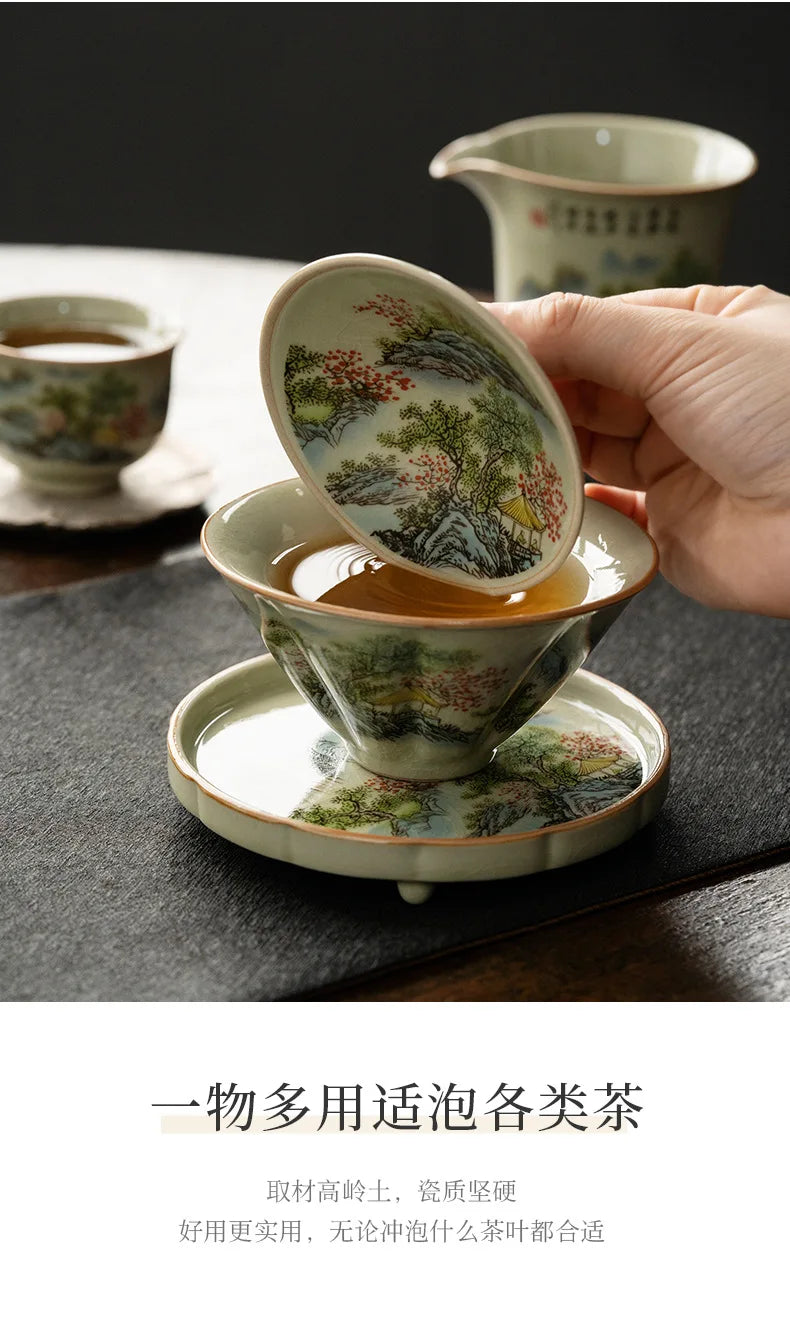Jingdezhen-Ceramic Tea Cup with Bamboo Hat, Traditional Handmade Tea Ware, Single Bowl, Kung Fu Tea with Lid, Sancai Gaiwan