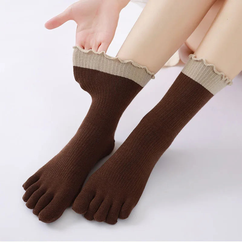 New Splicing Color Ruffle Edge Five Toe Socks For Women Sweet INS 5 Fingers Middle Tube Socks Soft Cotton Elastic Split Toe Sock