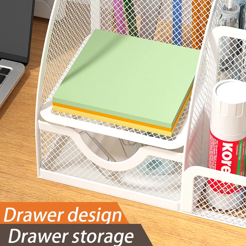 Mesh Desk Organizer Office with 7 Compartments with Drawer Desk Tidy Candy Pen Holder Multifunctional Organizer