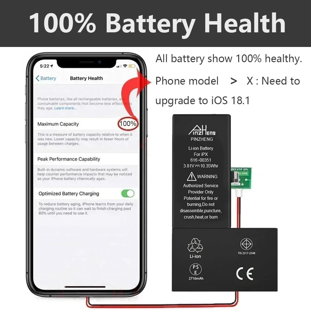 PINZHENG Battery For iPhone X XR XS 11 12