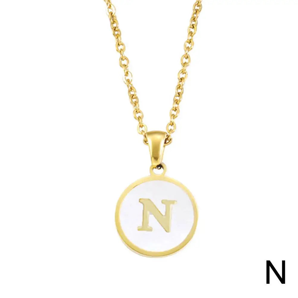 Vintage Initial 26 Letters A To Z White Shell Pendant Necklace Gold Color Steel For Women Men Choker Jewelry Necklace