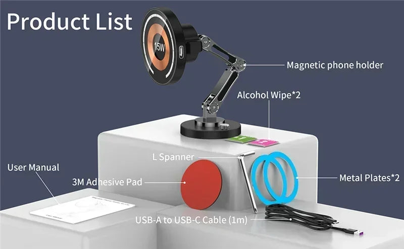 Car Magnetic Wireless Charger Adjustable Mobile Phone Holder for iPhone 15 14 13 12 Pro Max Fast Charging Easy Paste Mount Stand
