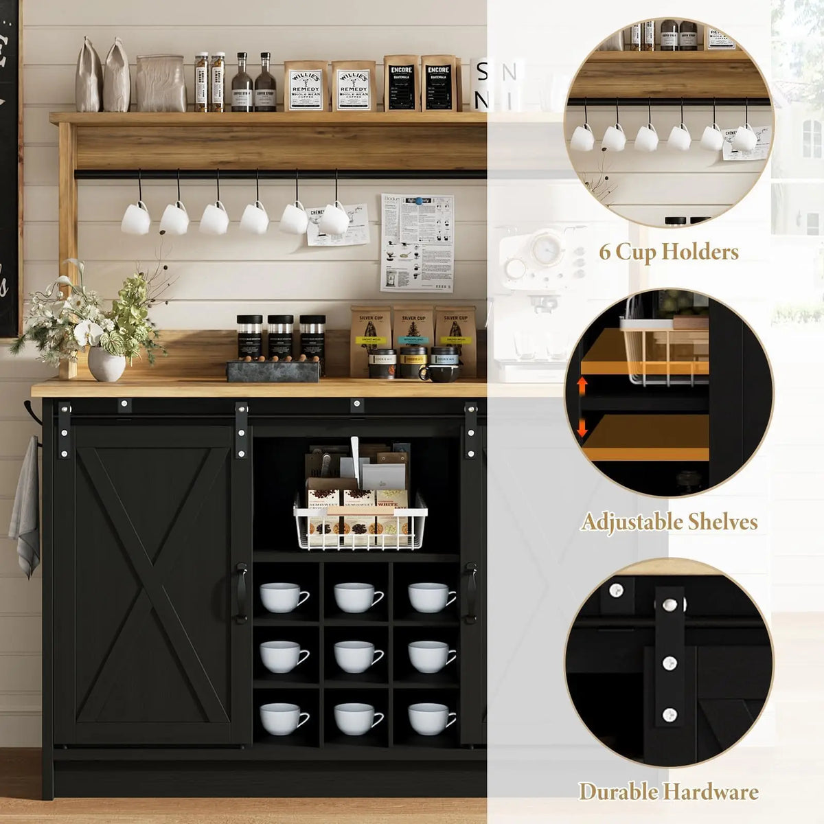 Farmhouse Coffee Bar Cabinet with Storage Kitchen Cabinets Wine