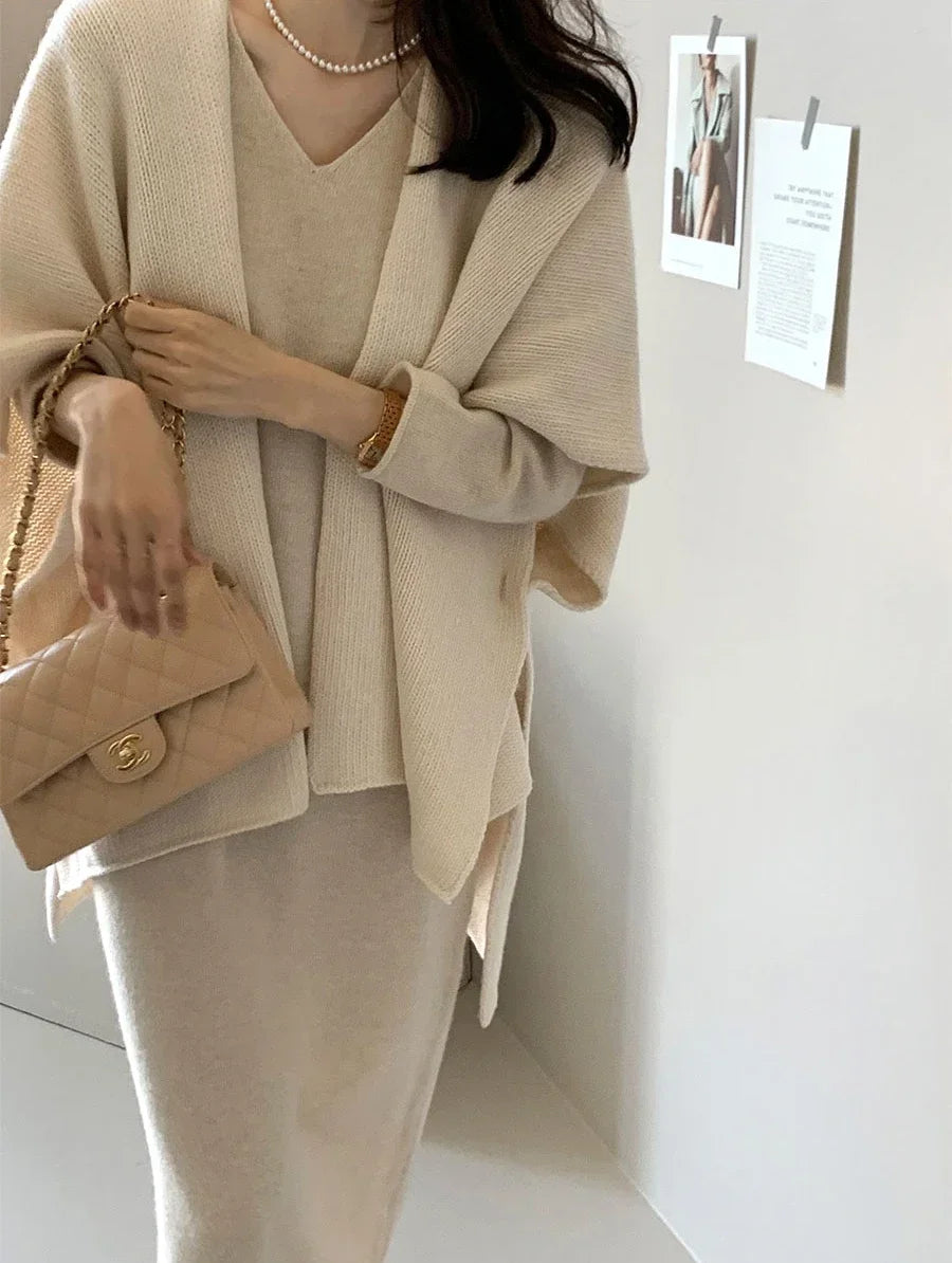 Fashion Elegant Knitted Shawl Jacket Korean Style Women's Casual Loose Warm Cloak Top Solid Color Knitted Cardigan Sweater Coats