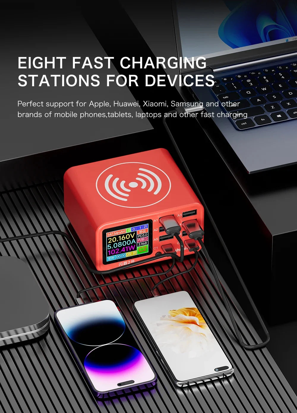 Multi-function Dianba NO.1 Pro 200W 20V 5A PD QC3.0 Fast Wireless Charger 8 Port USB Type C Mobile Phone Charger Desktop Hub