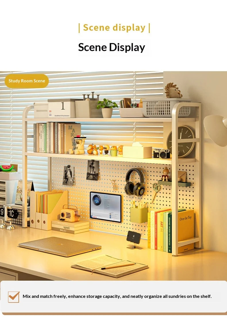 Iron Desktop Pegboard Bookshelf Multi Tier Desk Organizer Storage Shelf Student Computer Workstation Tidy Rack Cabinet Furniture