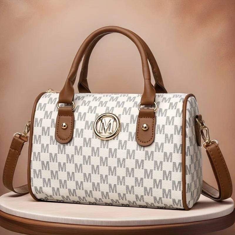Women Alphabet Shoulder Bag with Golden M Logo Leather