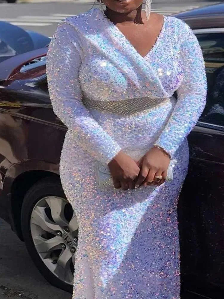 Woman Clothts Long Sleeve Maxi Dress High Waist New Year Luxury Sequined Party Sparkly Dresses V Neck Elegant Evening Dresses