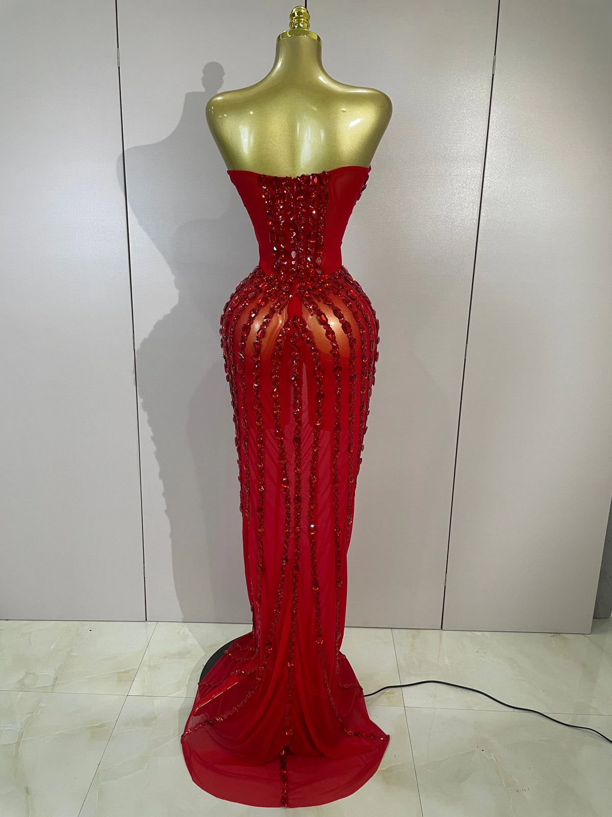Sexy Red Strapless Mesh See Through Long Dress Evening Party