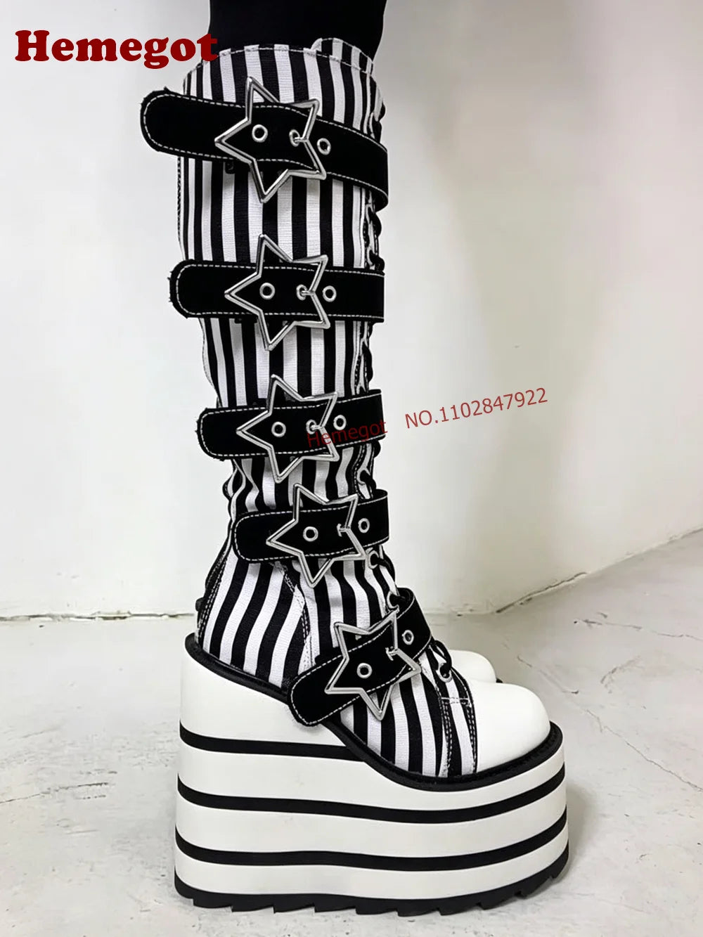 Black White Vertical Stripe Knee High Platform Boots Star Buckle