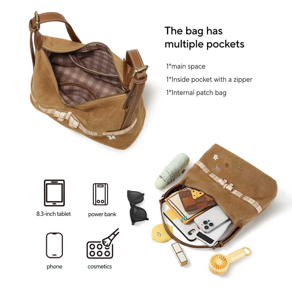 TOUTOU Y2K Bag Brown Plaid Bow Decoration + Cutout Star Pattern