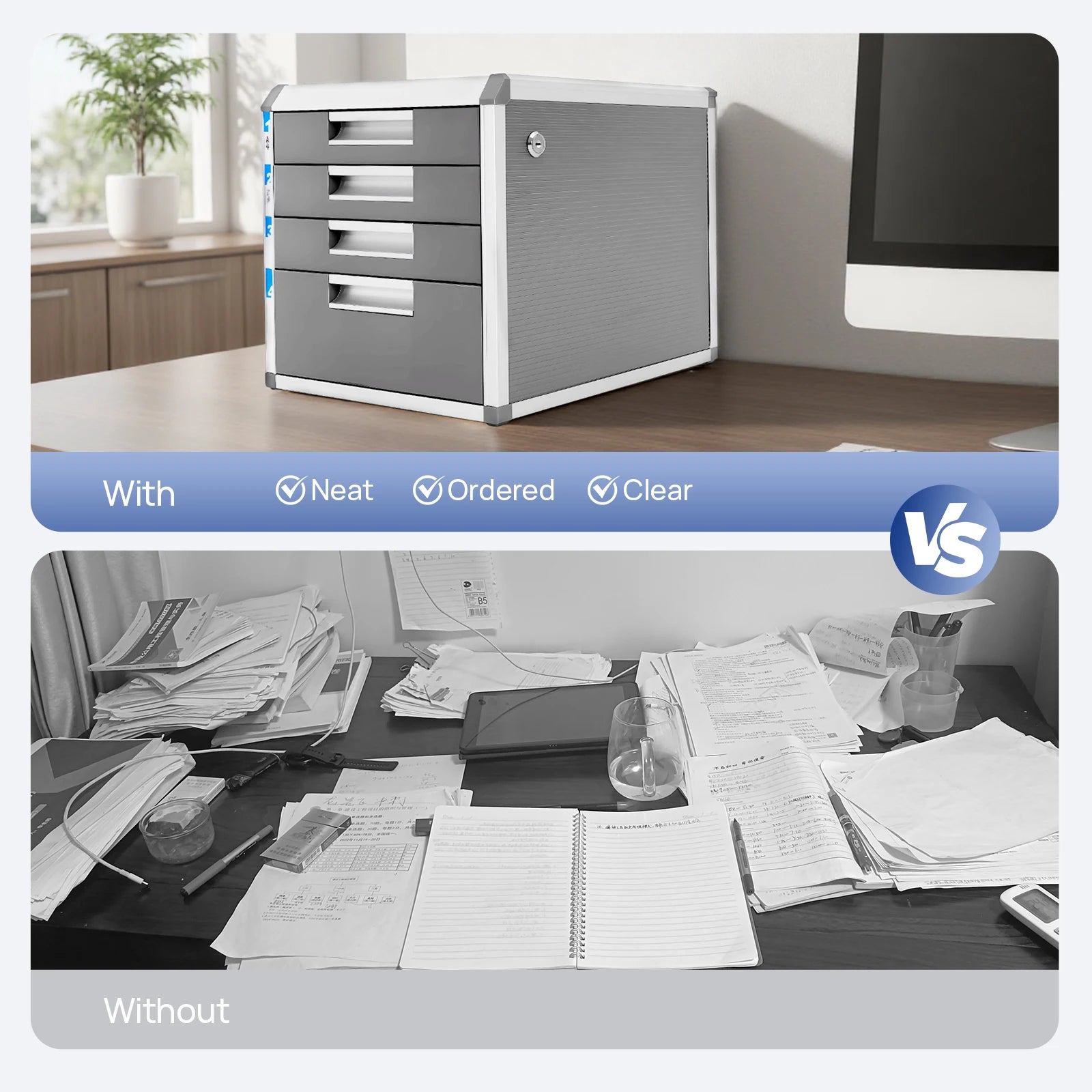 4 Layers Locking Drawer Cabinet Desk Organizer, Home Office Desktop File Storage Box,  Locking Storage Cabinet, Aluminum Alloy