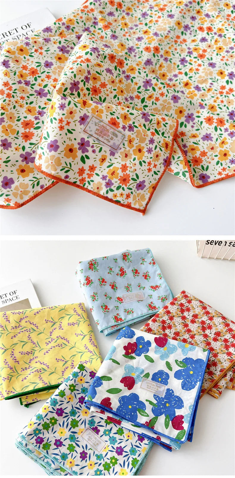 60cm Flower Print Cotton Bandanas Square Scarf Women Girls Headband Accessories Handkerchief Neckerchief Hairscarf Hairscarf